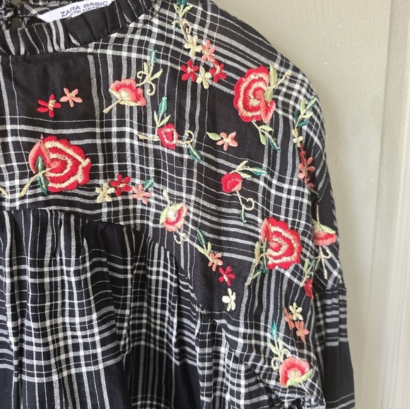 Zara Basic  Denim Embroidered Floral Checked Shirt Top Size Small Women - Picture 7 of 15